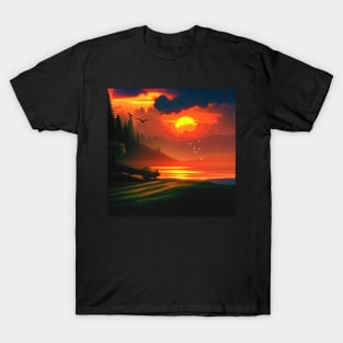 Mountain Lake Summer Sunset Digital Art (MD23SMR011) T-Shirt